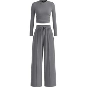 PRETTYGARDEN Women’s 2 Piece Sets 2026 Fall Long Sleeve Crop Tops Wide Leg Pants Matching Outfit Tracksuits Spring Clothes(Grey)