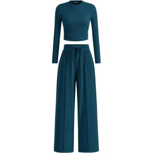 PRETTYGARDEN Women’s 2 Piece Sets 2026 Fall Long Sleeve Crop Tops Wide Leg Pants Matching Outfit Tracksuits Spring Clothes(Lake Blue)