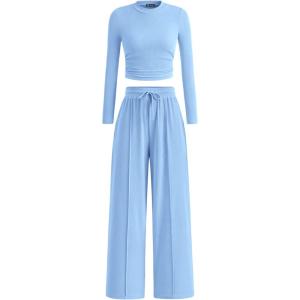 PRETTYGARDEN Women’s 2 Piece Sets 2026 Fall Long Sleeve Crop Tops Wide Leg Pants Matching Outfit Tracksuits Spring Clothes(Light Blue)