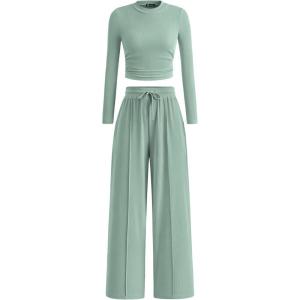 PRETTYGARDEN Women’s 2 Piece Sets 2026 Fall Long Sleeve Crop Tops Wide Leg Pants Matching Outfit Tracksuits Spring Clothes(Light Green)