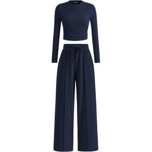 PRETTYGARDEN Women’s 2 Piece Sets 2026 Fall Long Sleeve Crop Tops Wide Leg Pants Matching Outfit Tracksuits Spring Clothes(Navy)