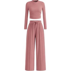 PRETTYGARDEN Women’s 2 Piece Sets 2026 Fall Long Sleeve Crop Tops Wide Leg Pants Matching Outfit Tracksuits Spring Clothes(Pink)