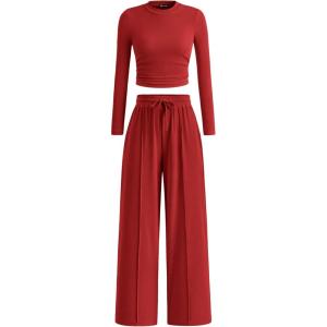 PRETTYGARDEN Women’s 2 Piece Sets 2026 Fall Long Sleeve Crop Tops Wide Leg Pants Matching Outfit Tracksuits Spring Clothes(Red)