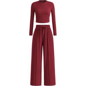 PRETTYGARDEN Women’s 2 Piece Sets 2026 Fall Long Sleeve Crop Tops Wide Leg Pants Matching Outfit Tracksuits Spring Clothes(Wine Red)