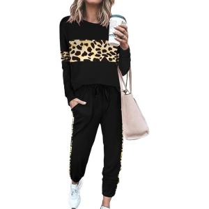 PRETTYGARDEN Womens 2 Piece Sets 2026 Long Sleeve Tops High Waisted Sweatpants Lounge Set Fall Fashion Travel Outfits(Leopard Black)