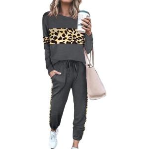 PRETTYGARDEN Womens 2 Piece Sets 2026 Long Sleeve Tops High Waisted Sweatpants Lounge Set Fall Fashion Travel Outfits(Leopard Dark Grey)