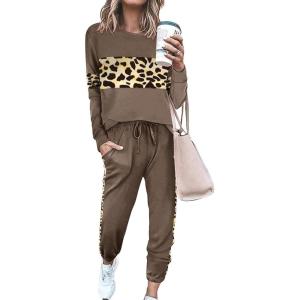 PRETTYGARDEN Womens 2 Piece Sets 2026 Long Sleeve Tops High Waisted Sweatpants Lounge Set Fall Fashion Travel Outfits(Leopard Dark Khaki)
