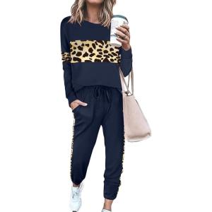 PRETTYGARDEN Womens 2 Piece Sets 2026 Long Sleeve Tops High Waisted Sweatpants Lounge Set Fall Fashion Travel Outfits(Leopard Navy)