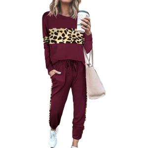 PRETTYGARDEN Womens 2 Piece Sets 2026 Long Sleeve Tops High Waisted Sweatpants Lounge Set Fall Fashion Travel Outfits(Leopard Wine Red)