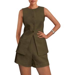 PRETTYGARDEN Women’s 2 Piece Sets 2026 Summer Trendy Button Down Suit Vest Tops High Waisted Shorts Business Casual Outfits(Army Green)