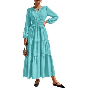 PRETTYGARDEN Women’s 2026 Elegant Maxi Dresses Long Sleeve V Neck Flowy Pockets Casual Modest Dress Fall Fashion Clothes(Aqua Green)