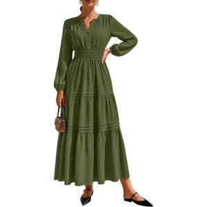 PRETTYGARDEN Women’s 2026 Elegant Maxi Dresses Long Sleeve V Neck Flowy Pockets Casual Modest Dress Fall Fashion Clothes(Army Green)