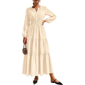 PRETTYGARDEN Women’s 2026 Elegant Maxi Dresses Long Sleeve V Neck Flowy Pockets Casual Modest Dress Fall Fashion Clothes(Beige)