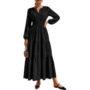 PRETTYGARDEN Women’s 2026 Elegant Maxi Dresses Long Sleeve V Neck Flowy Pockets Casual Modest Dress Fall Fashion Clothes(Black)