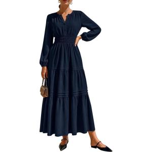 PRETTYGARDEN Women’s 2026 Elegant Maxi Dresses Long Sleeve V Neck Flowy Pockets Casual Modest Dress Fall Fashion Clothes(Dark Blue)