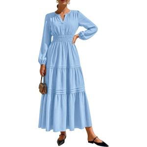 PRETTYGARDEN Women’s 2026 Elegant Maxi Dresses Long Sleeve V Neck Flowy Pockets Casual Modest Dress Fall Fashion Clothes(Light Blue)