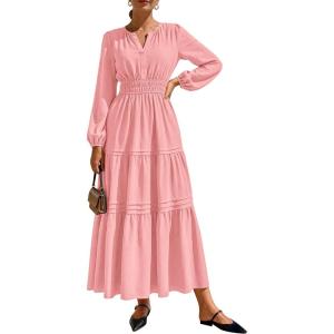 PRETTYGARDEN Women’s 2026 Elegant Maxi Dresses Long Sleeve V Neck Flowy Pockets Casual Modest Dress Fall Fashion Clothes(Pink)