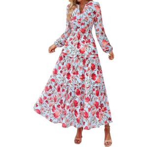 PRETTYGARDEN Womens 2026 Fall Fashion Clothing Boho Maxi Dresses Floral Long Sleeve Flowy Elegant Wedding Guest Holiday Dress(Floral Blue Red)