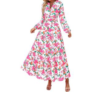 PRETTYGARDEN Womens 2026 Fall Fashion Clothing Boho Maxi Dresses Floral Long Sleeve Flowy Elegant Wedding Guest Holiday Dress(Floral Green Pink)