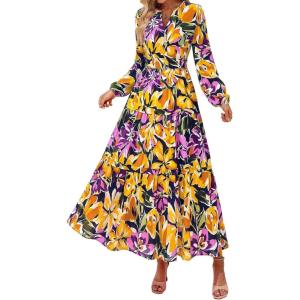 PRETTYGARDEN Womens 2026 Fall Fashion Clothing Boho Maxi Dresses Floral Long Sleeve Flowy Elegant Wedding Guest Holiday Dress(Floral Navy Yellow)