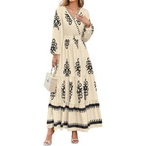 PRETTYGARDEN Women’s 2026 Fall Wedding Guest Dresses Boho Floral Long Sleeve V Neck Flowy Elegant Maxi Dress Beach Clothes(Floral Apricot Black)
