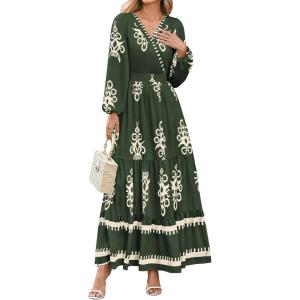 PRETTYGARDEN Women’s 2026 Fall Wedding Guest Dresses Boho Floral Long Sleeve V Neck Flowy Elegant Maxi Dress Beach Clothes(Floral Army Green Apricot)