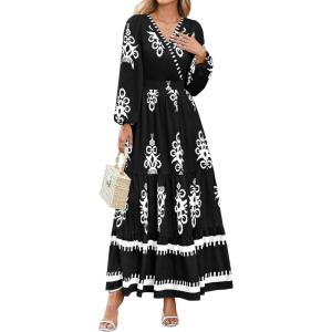 PRETTYGARDEN Women’s 2026 Fall Wedding Guest Dresses Boho Floral Long Sleeve V Neck Flowy Elegant Maxi Dress Beach Clothes(Floral Black White)