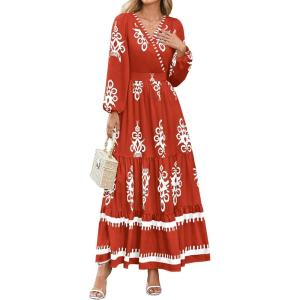 PRETTYGARDEN Women’s 2026 Fall Wedding Guest Dresses Boho Floral Long Sleeve V Neck Flowy Elegant Maxi Dress Beach Clothes(Floral Brick Red White)