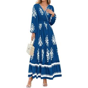 PRETTYGARDEN Women’s 2026 Fall Wedding Guest Dresses Boho Floral Long Sleeve V Neck Flowy Elegant Maxi Dress Beach Clothes(Floral Lake Blue White)