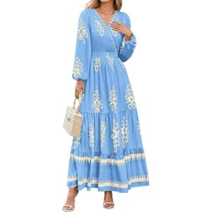 PRETTYGARDEN Women’s 2026 Fall Wedding Guest Dresses Boho Floral Long Sleeve V Neck Flowy Elegant Maxi Dress Beach Clothes(Floral Sky Blue Apricot)