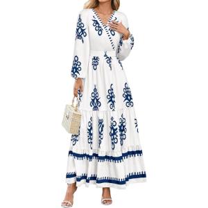 PRETTYGARDEN Women’s 2026 Fall Wedding Guest Dresses Boho Floral Long Sleeve V Neck Flowy Elegant Maxi Dress Beach Clothes(Floral White Blue)