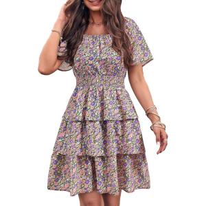 PRETTYGARDEN Women’s 2026 Floral Summer Short Dress Square Neck Short Sleeve Tiered Ruffle Boho Swing Dresses(Army Green Floral)