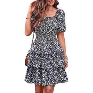 PRETTYGARDEN Women’s 2026 Floral Summer Short Dress Square Neck Short Sleeve Tiered Ruffle Boho Swing Dresses(Black)
