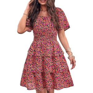 PRETTYGARDEN Women’s 2026 Floral Summer Short Dress Square Neck Short Sleeve Tiered Ruffle Boho Swing Dresses(Black Orange Floral)