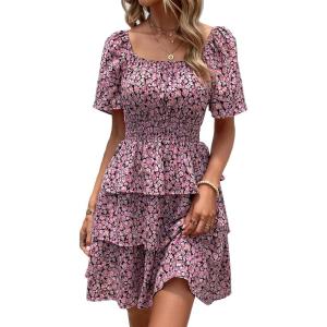 PRETTYGARDEN Women’s 2026 Floral Summer Short Dress Square Neck Short Sleeve Tiered Ruffle Boho Swing Dresses(Black Pink Floral)