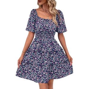 PRETTYGARDEN Women’s 2026 Floral Summer Short Dress Square Neck Short Sleeve Tiered Ruffle Boho Swing Dresses(Blue Purple Floral)