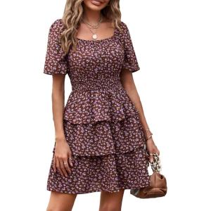 PRETTYGARDEN Women’s 2026 Floral Summer Short Dress Square Neck Short Sleeve Tiered Ruffle Boho Swing Dresses(Coffee)