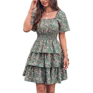 PRETTYGARDEN Women’s 2026 Floral Summer Short Dress Square Neck Short Sleeve Tiered Ruffle Boho Swing Dresses(Dark Green)
