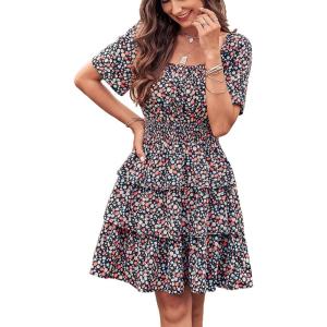 PRETTYGARDEN Women’s 2026 Floral Summer Short Dress Square Neck Short Sleeve Tiered Ruffle Boho Swing Dresses(Floral Black Red)