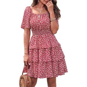 PRETTYGARDEN Women’s 2026 Floral Summer Short Dress Square Neck Short Sleeve Tiered Ruffle Boho Swing Dresses(Red)