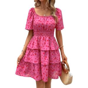 PRETTYGARDEN Women’s 2026 Floral Summer Short Dress Square Neck Short Sleeve Tiered Ruffle Boho Swing Dresses(Red Floral)