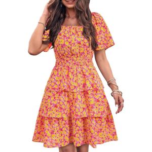 PRETTYGARDEN Women’s 2026 Floral Summer Short Dress Square Neck Short Sleeve Tiered Ruffle Boho Swing Dresses(Rose Red Floral)
