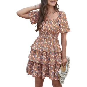 PRETTYGARDEN Women’s 2026 Floral Summer Short Dress Square Neck Short Sleeve Tiered Ruffle Boho Swing Dresses(Turmeric)