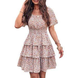 PRETTYGARDEN Women’s 2026 Floral Summer Short Dress Square Neck Short Sleeve Tiered Ruffle Boho Swing Dresses(White)
