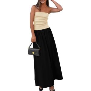 PRETTYGARDEN Women’s 2026 Spring Strapless Maxi Dresses Patchwork Long Flowy Pockets Elegant Going Out Summer Tube Top Dress(Apricot Black)