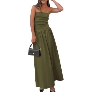 PRETTYGARDEN Women’s 2026 Spring Strapless Maxi Dresses Patchwork Long Flowy Pockets Elegant Going Out Summer Tube Top Dress(Army Green)