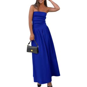 PRETTYGARDEN Women’s 2026 Spring Strapless Maxi Dresses Patchwork Long Flowy Pockets Elegant Going Out Summer Tube Top Dress(Blue)