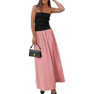 PRETTYGARDEN Women’s 2026 Spring Strapless Maxi Dresses Patchwork Long Flowy Pockets Elegant Going Out Summer Tube Top Dress(Pink)