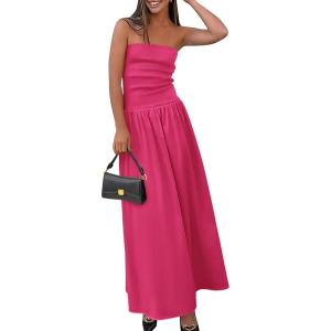 PRETTYGARDEN Women’s 2026 Spring Strapless Maxi Dresses Patchwork Long Flowy Pockets Elegant Going Out Summer Tube Top Dress(Rose Red)