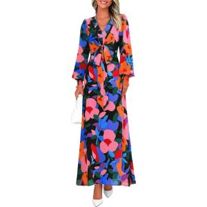 PRETTYGARDEN Women’s 2026 Spring Wedding Guest Dresses Floral Long Sleeve V Neck Belted Long Flowy Boho Maxi Dress(Floral Black)